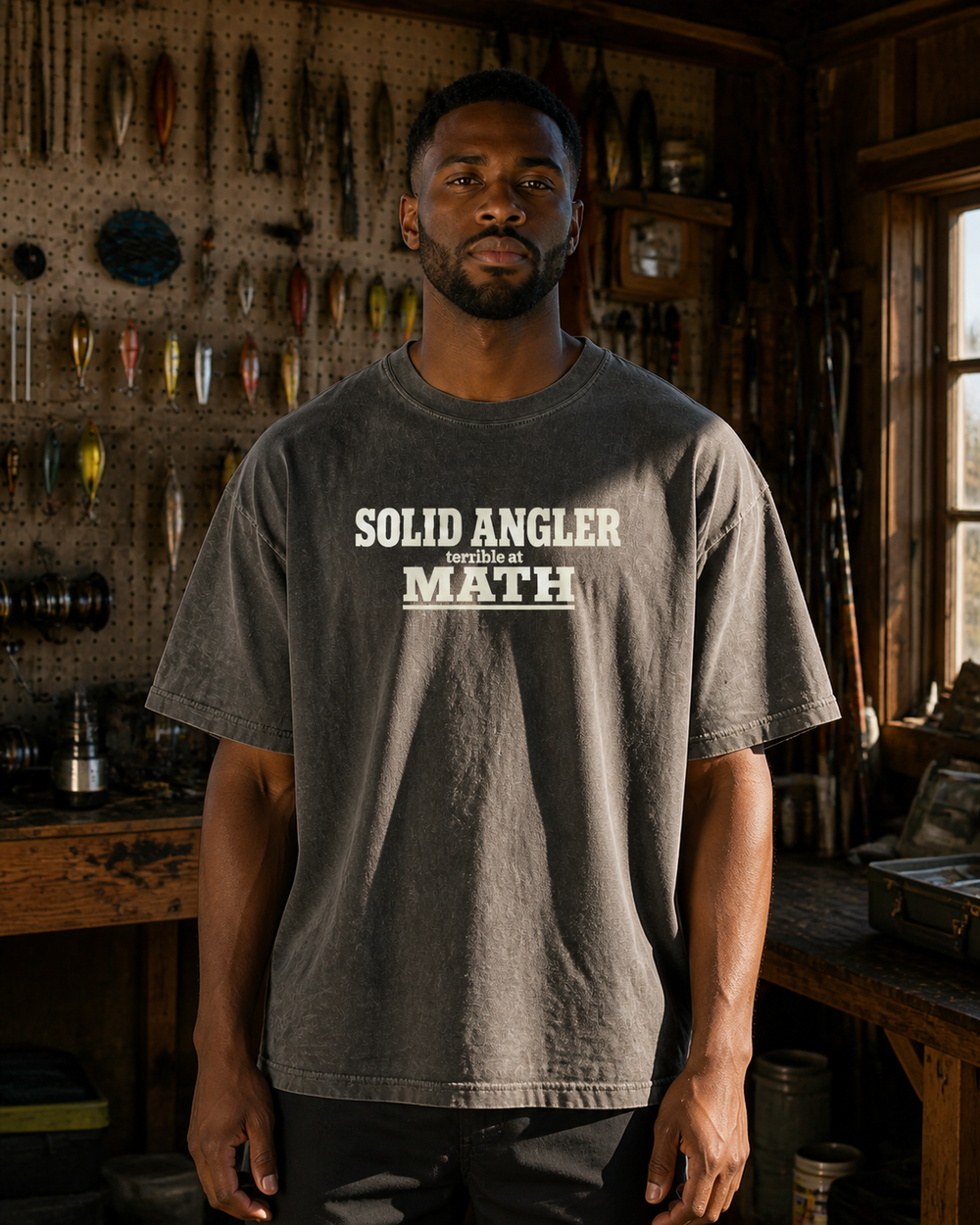 Solid Angler, Terrible At Math washed tee — washed black, worn, front