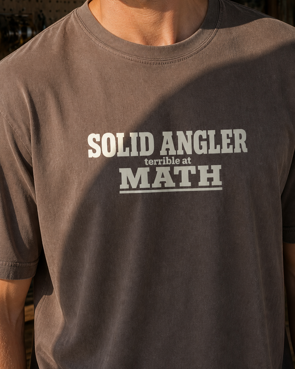 Solid Angler, Terrible At Math washed tee — washed coffee, worn, side
