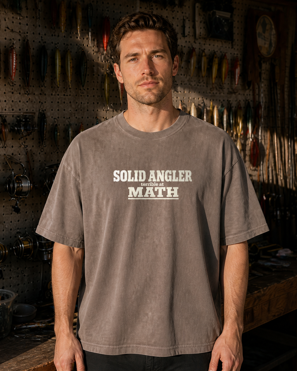 Solid Angler, Terrible At Math washed tee — washed coffee, worn, front