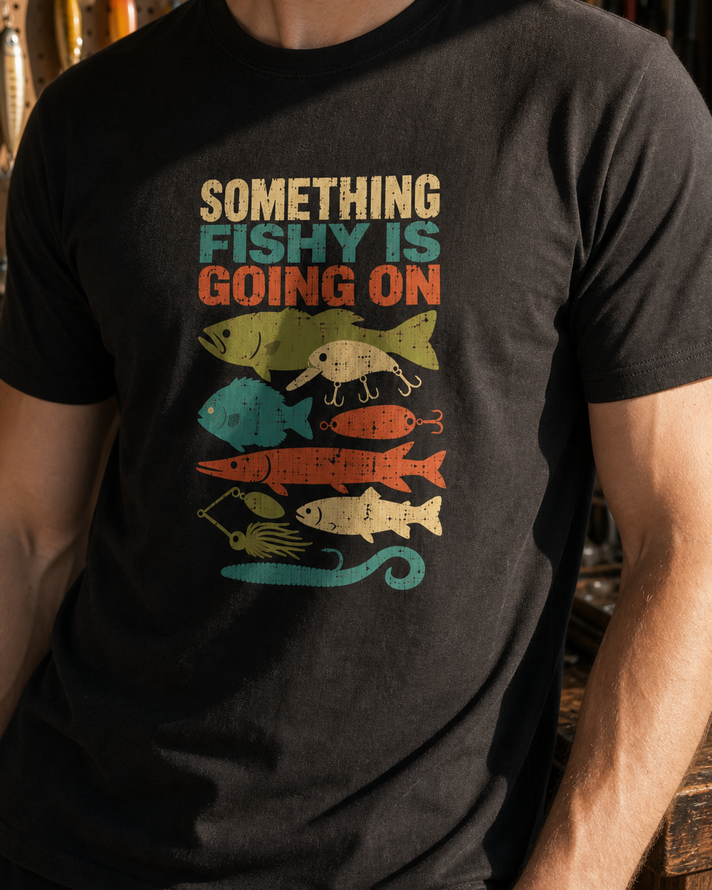 Something Fishy Is Going On tee — black, worn, side