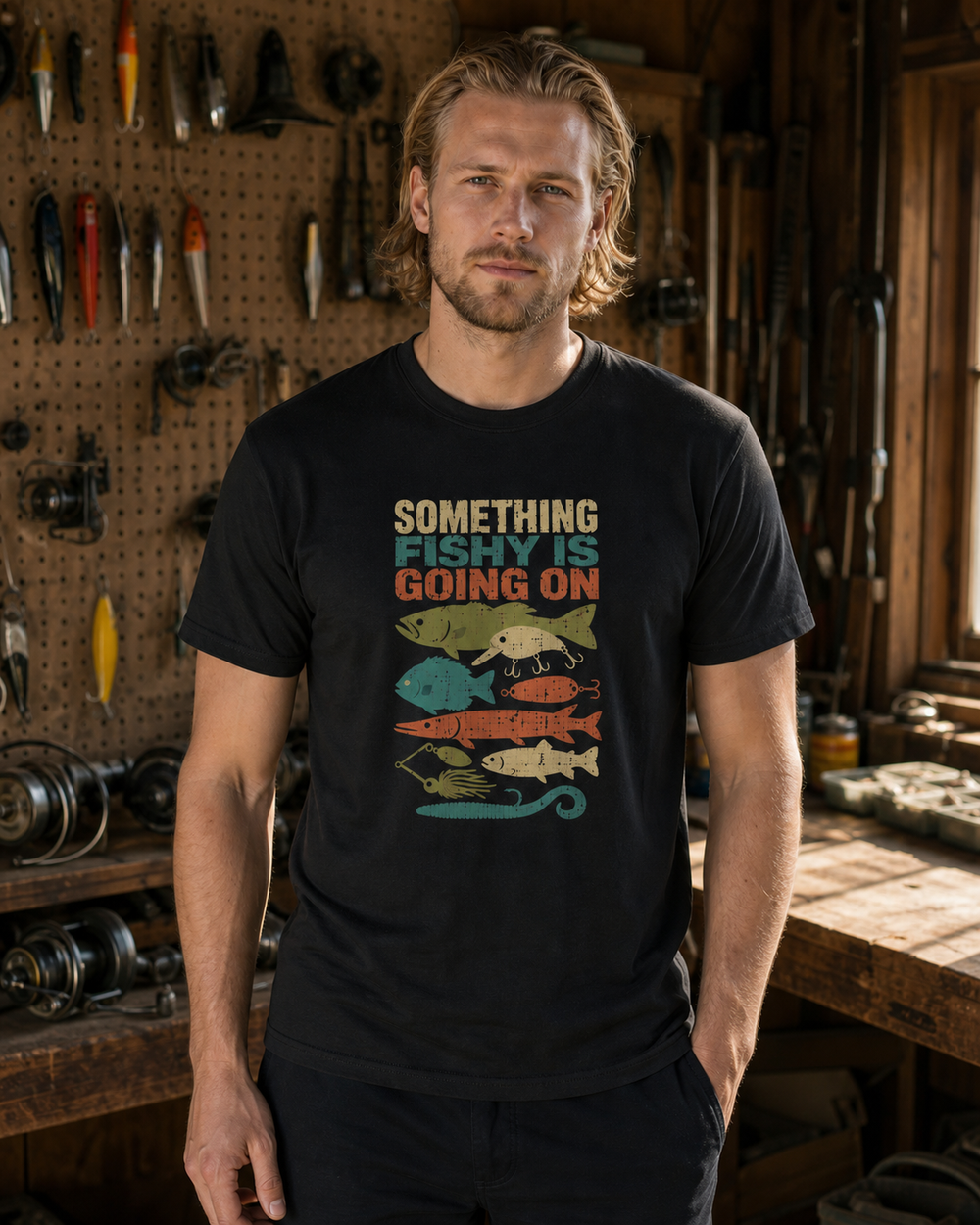 Something Fishy Is Going On tee — black, worn, front