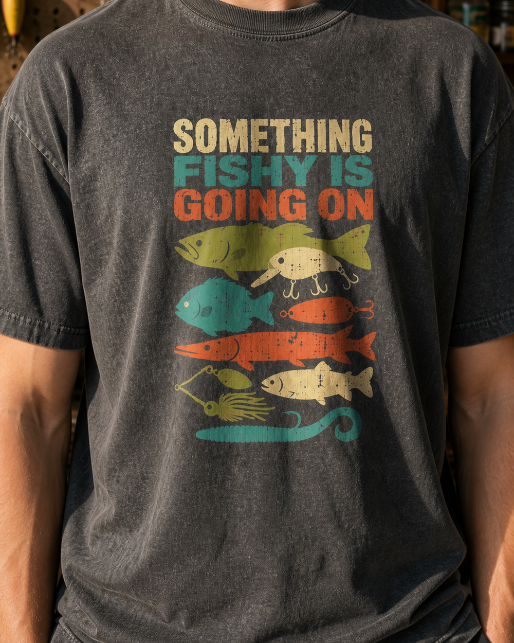 Something Fishy Is Going On washed tee — washed black, worn, side