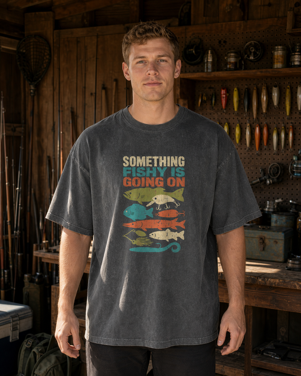 Something Fishy Is Going On washed tee — washed black, worn, front