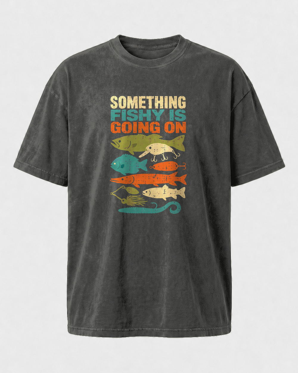 Something Fishy Is Going On washed tee — washed black, front