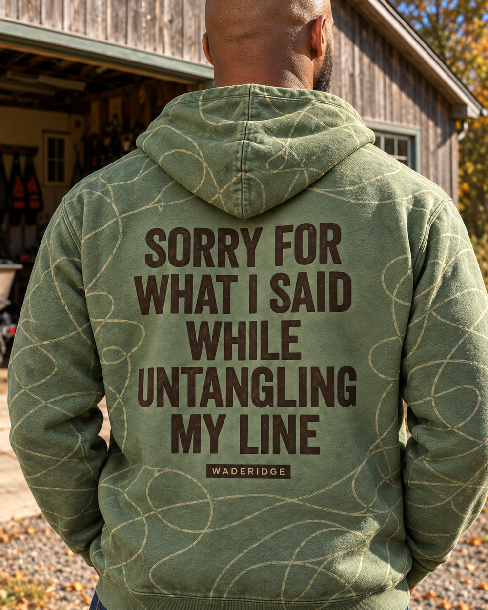 Sorry For What I Said While Untangling My Line All-Over Print Hoodie — model back angle