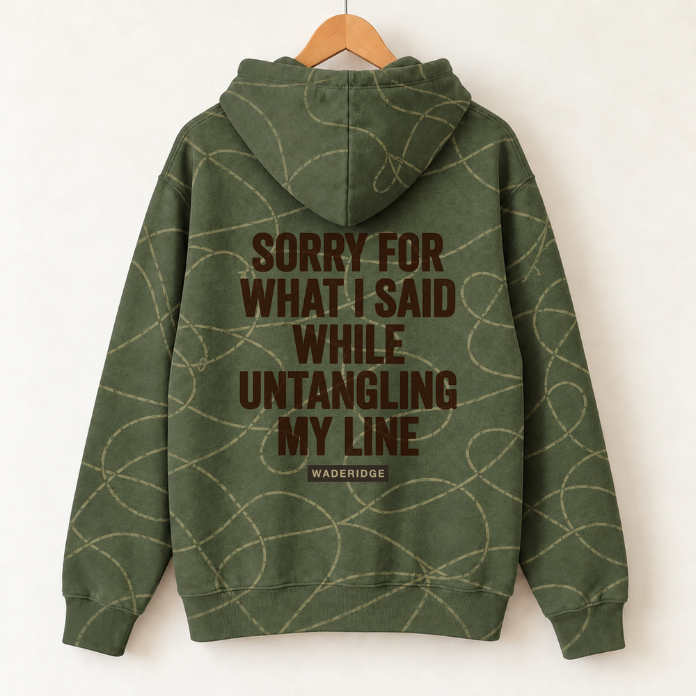 Sorry For What I Said While Untangling My Line All-Over Print Hoodie — on a hanger, back