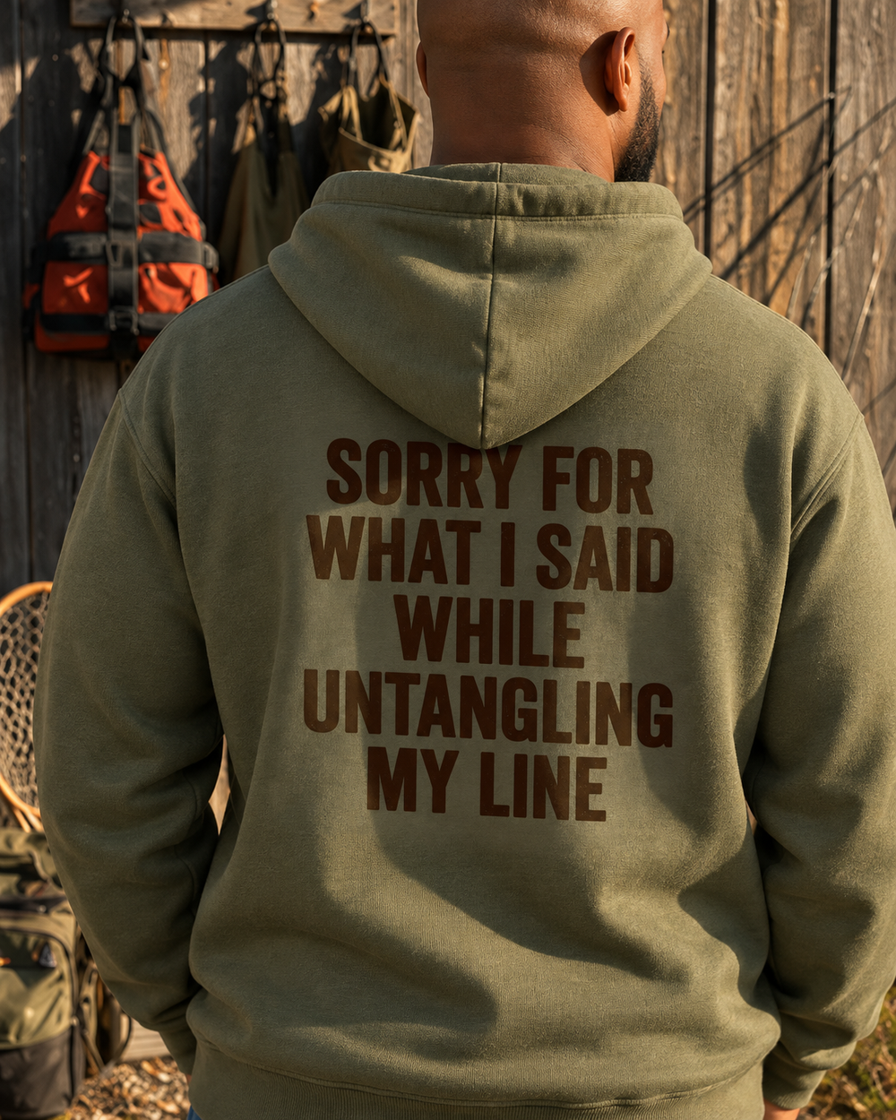 Sorry For What I Said While Untangling My Line Hoodie — Military Green — model back close-up