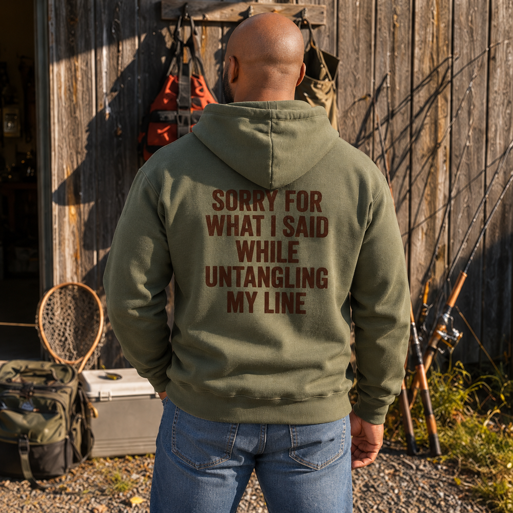 Sorry For What I Said While Untangling My Line Hoodie — Military Green — model back