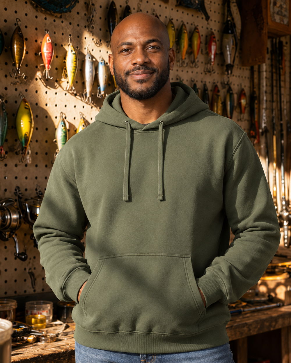 Sorry For What I Said While Untangling My Line Hoodie — Military Green — model front