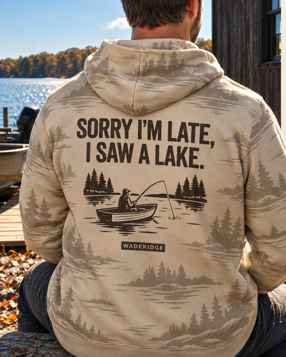 Sorry I'm Late I Saw A Lake All-Over Print Hoodie — model back angle