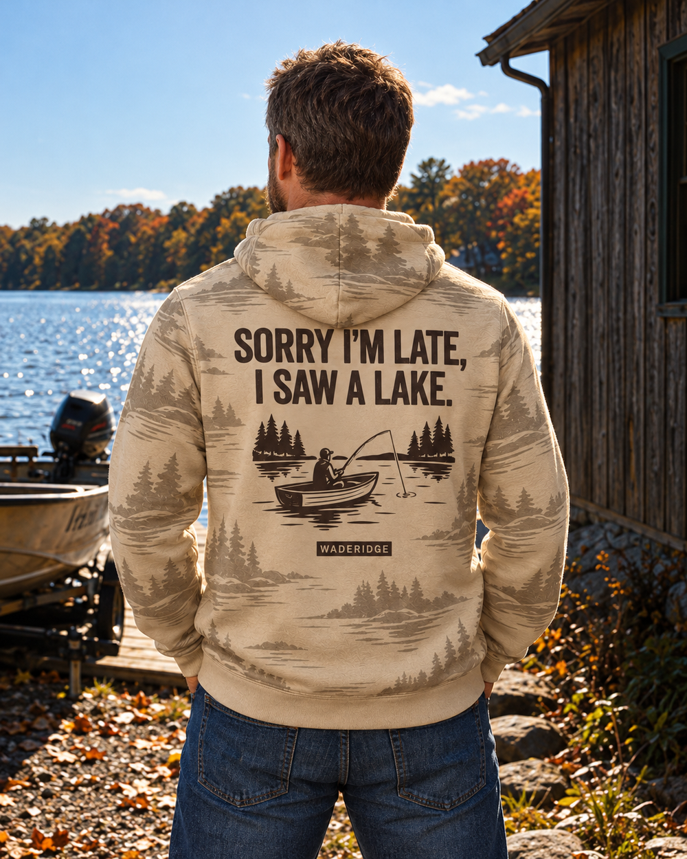Sorry I'm Late I Saw A Lake All-Over Print Hoodie — model back