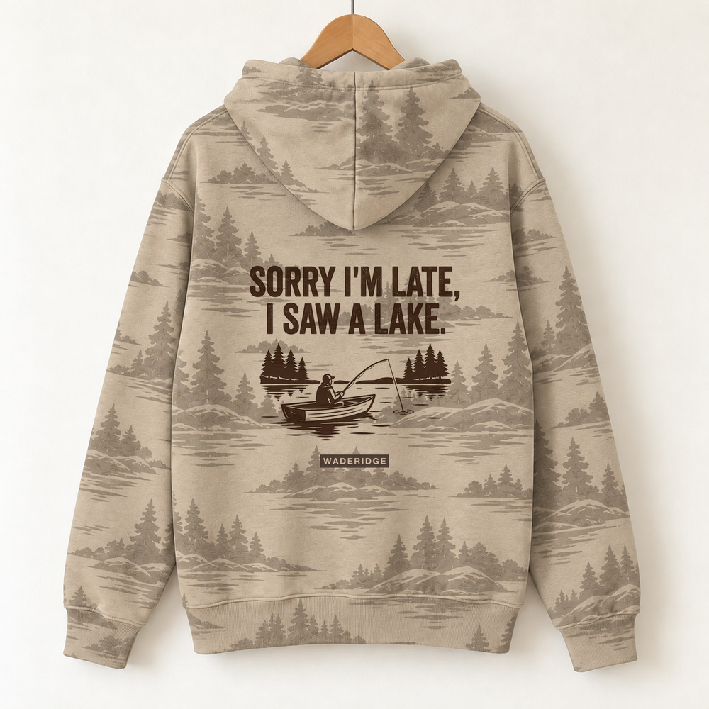 Sorry I'm Late I Saw A Lake All-Over Print Hoodie — on a hanger, back