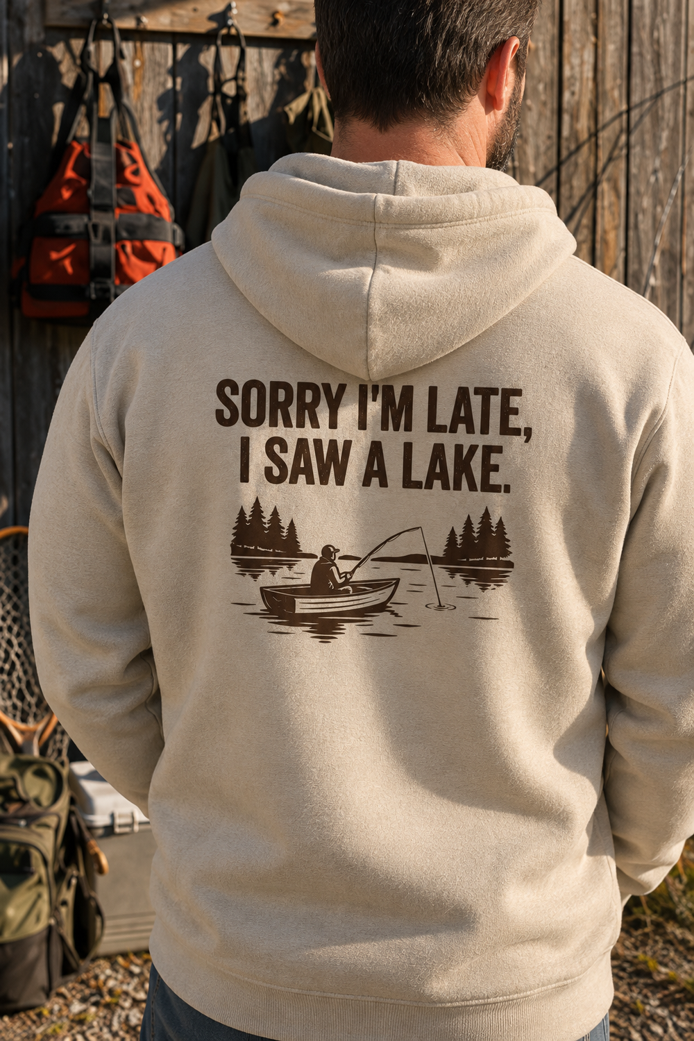 Sorry I'm Late I Saw A Lake Hoodie — Sand — model back close-up
