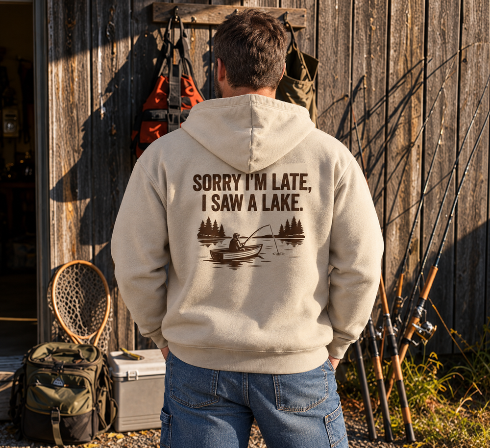 Sorry I'm Late I Saw A Lake Hoodie — Sand — model back