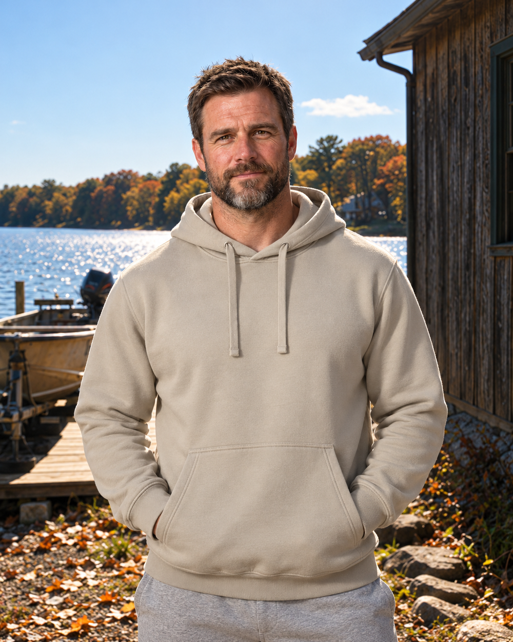 Sorry I'm Late I Saw A Lake Hoodie — Sand — model front