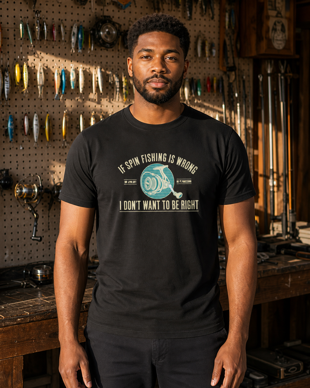If Spin Fishing Is Wrong tee — black, worn, front