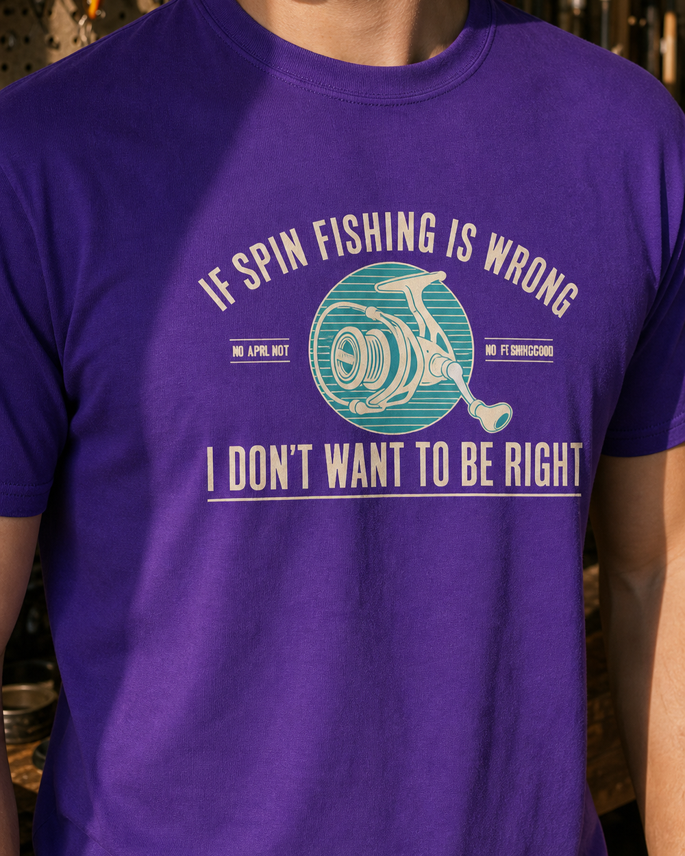 If Spin Fishing Is Wrong tee — purple, worn, side