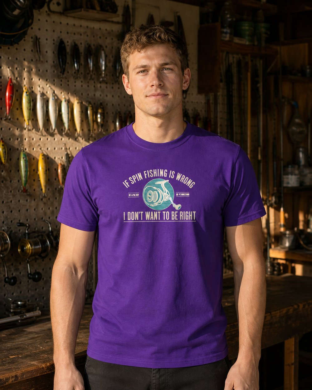 If Spin Fishing Is Wrong tee — purple, worn, front