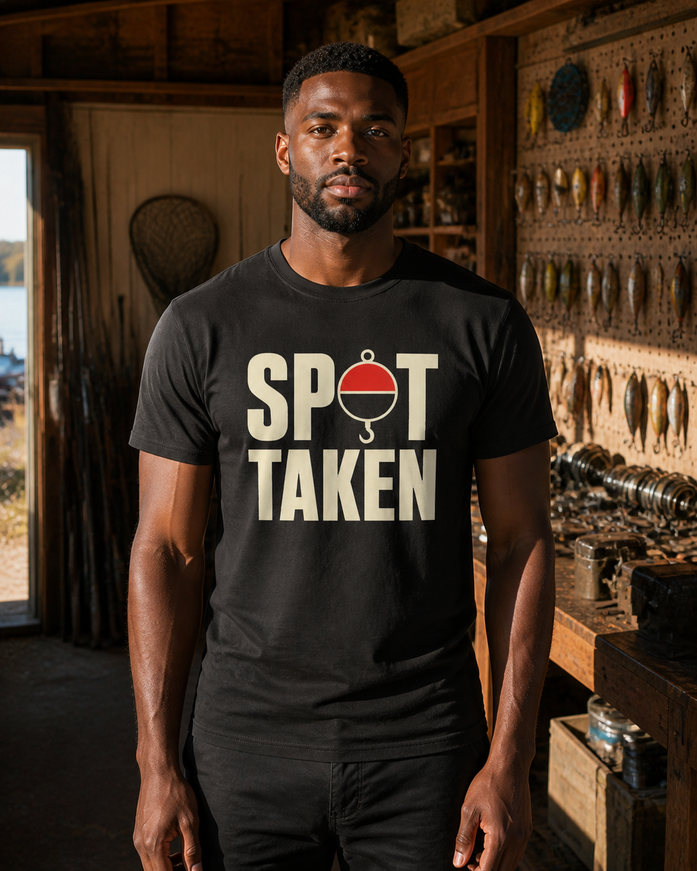 Spot Taken tee — black, worn, front