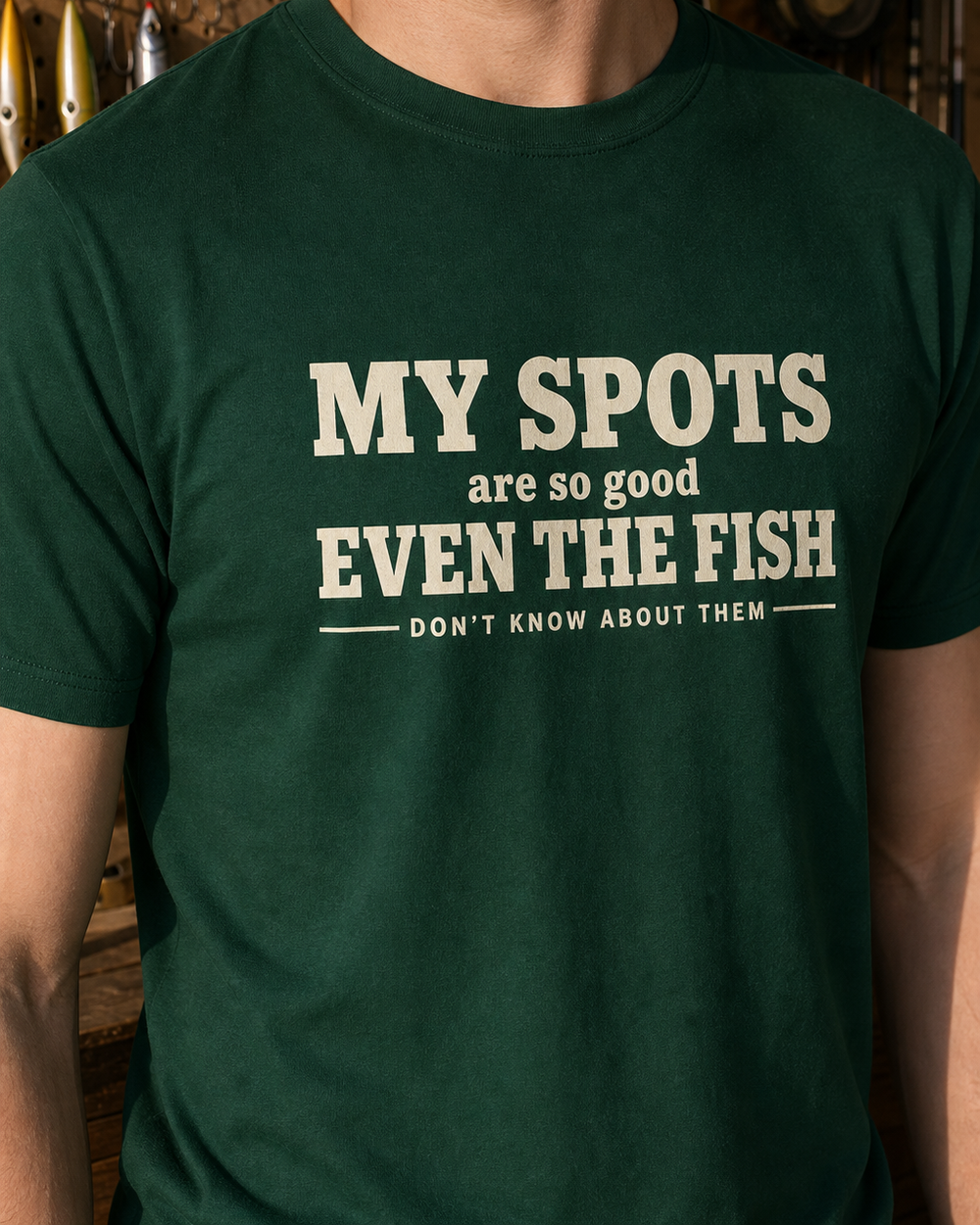 Spots So Good tee — forest, worn, side