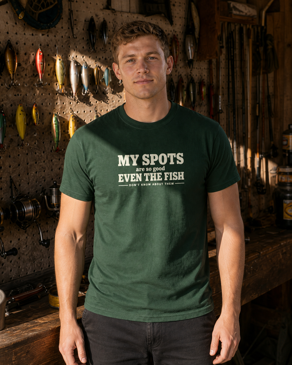 Spots So Good tee — forest, worn, front