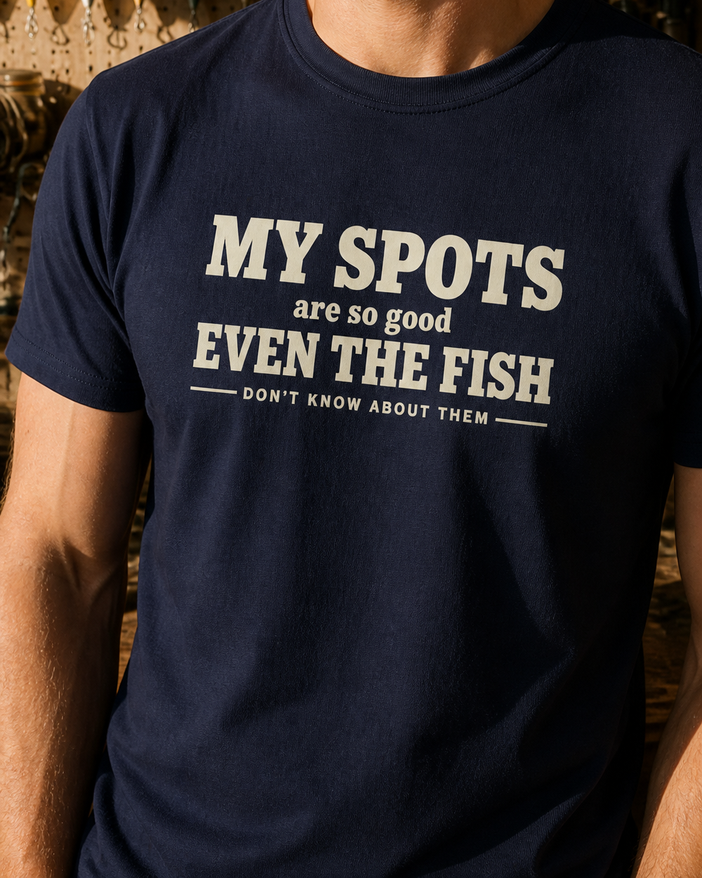 Spots So Good tee — navy, worn, side