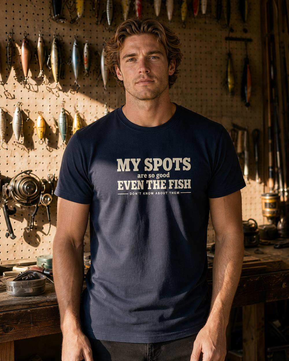Spots So Good tee — navy, worn, front