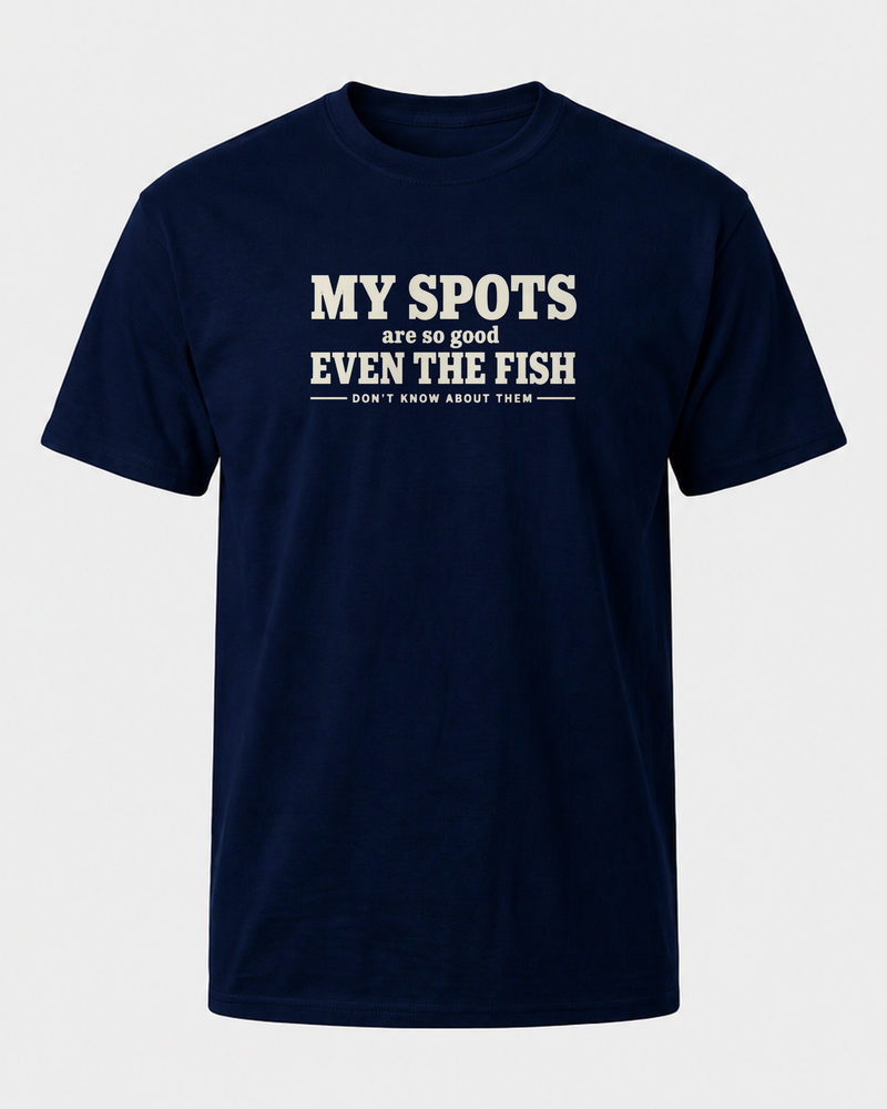 Spots So Good tee — navy, front