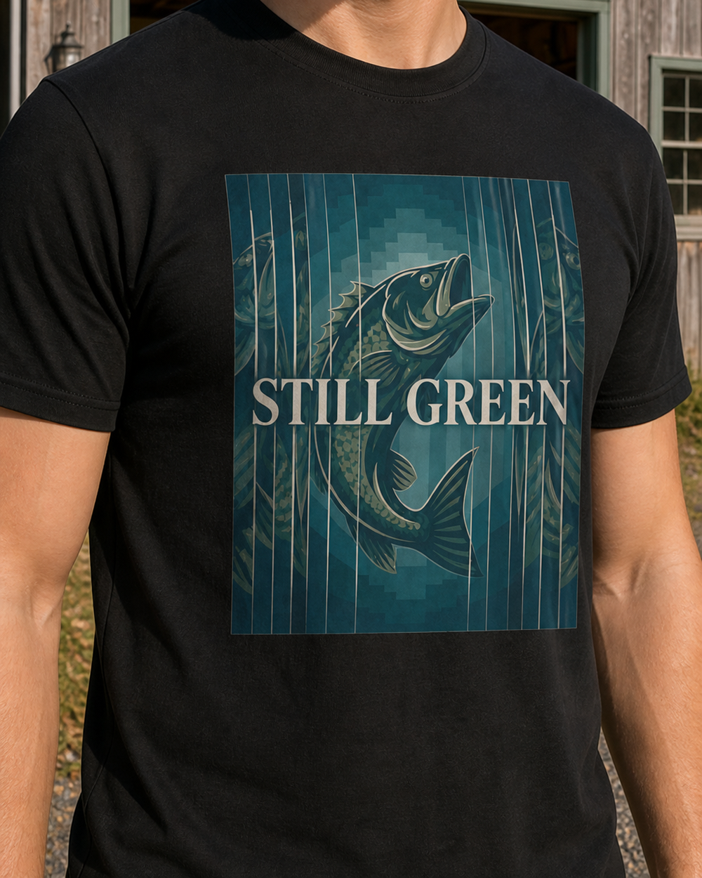 Still Green tee — black, worn, side