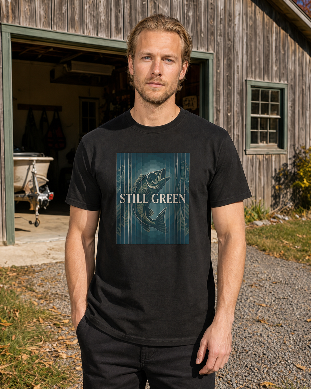 Still Green tee — black, worn, front