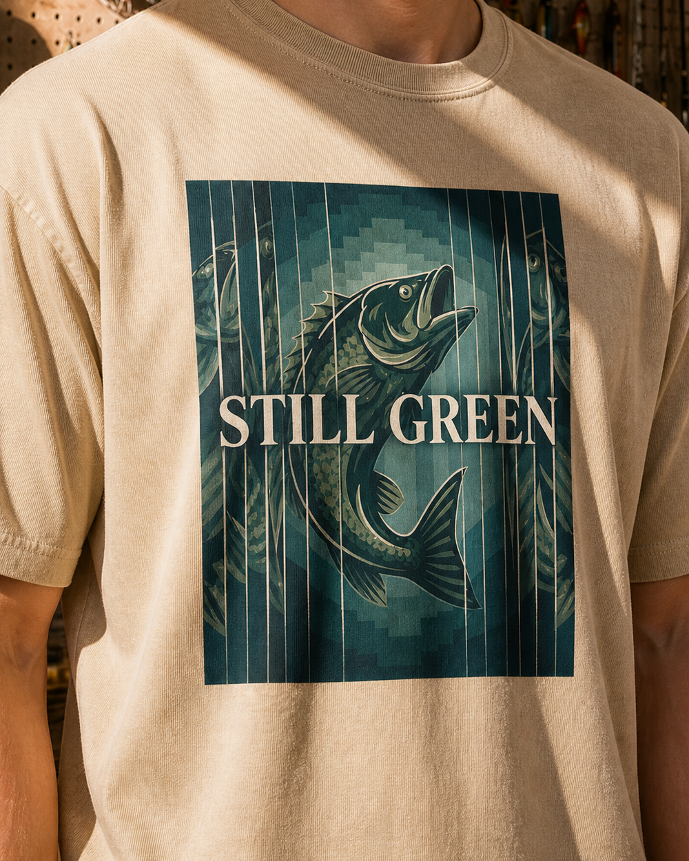 Still Green washed tee — washed bone, worn, side