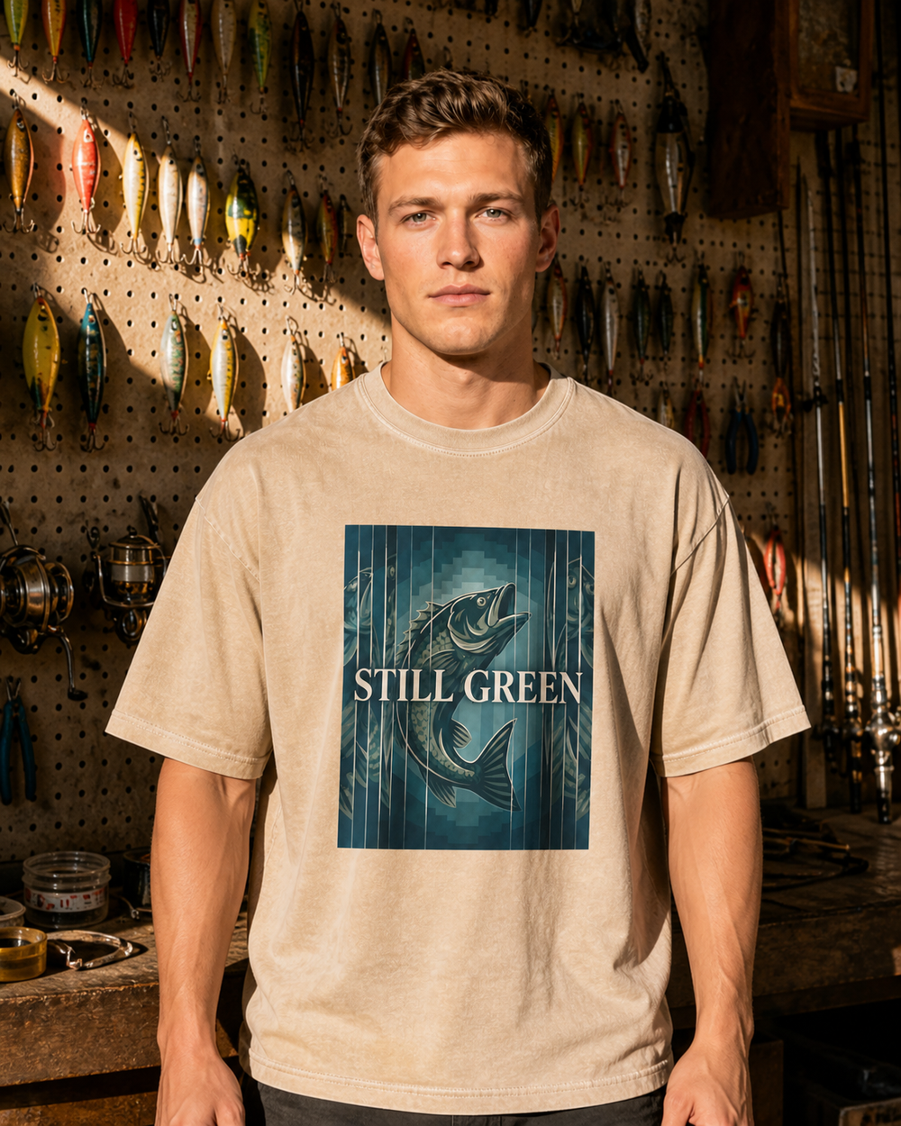 Still Green washed tee — washed bone, worn, front
