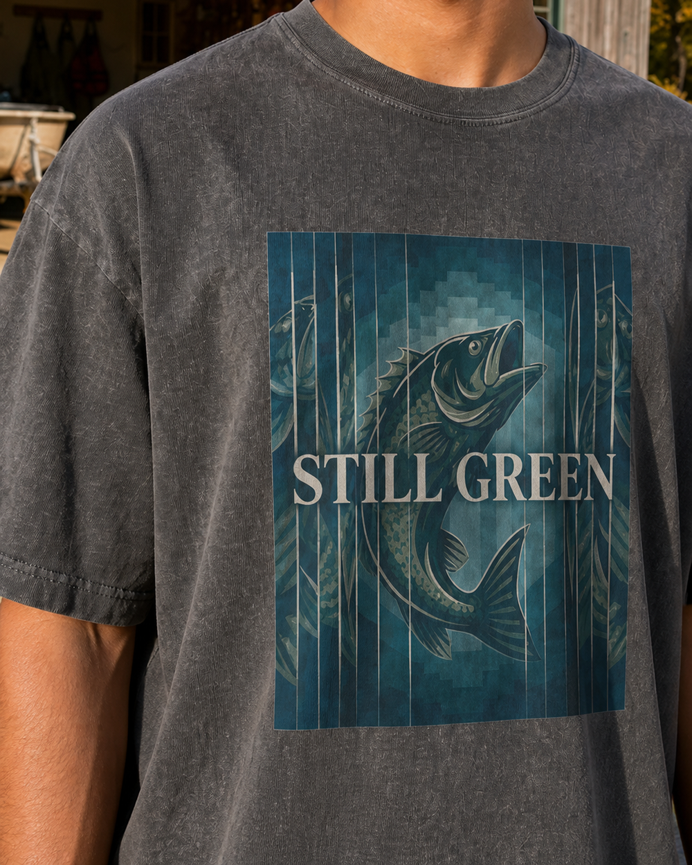 Still Green washed tee — washed black, worn, side