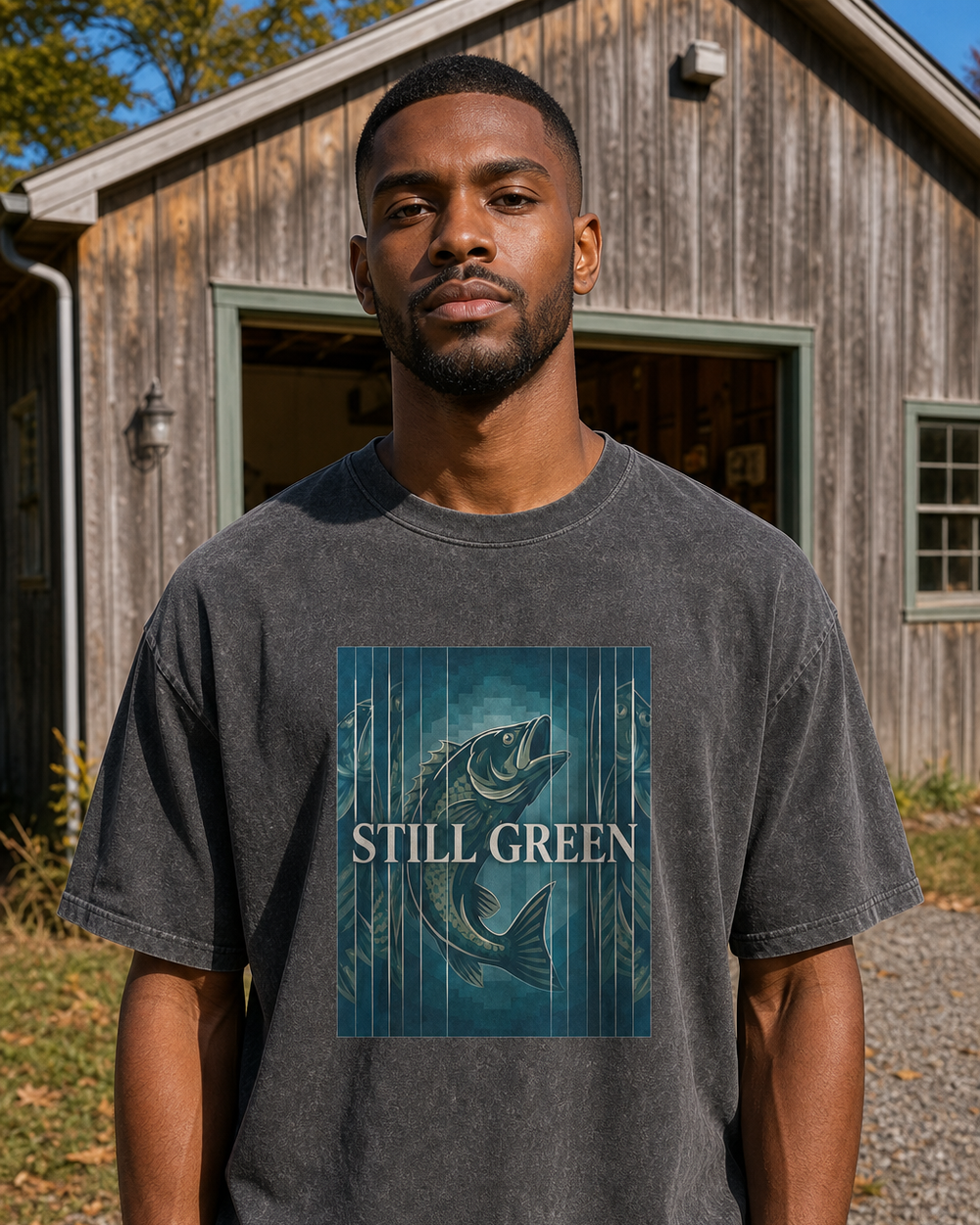 Still Green washed tee — washed black, worn, front
