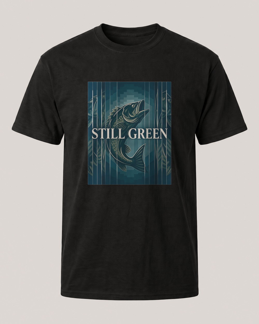 Still Green tee — black, front