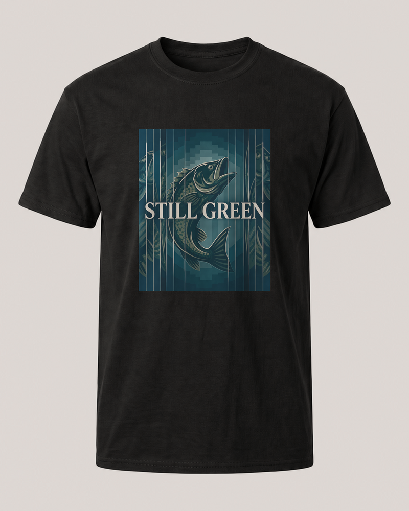 Still Green tee — black, front
