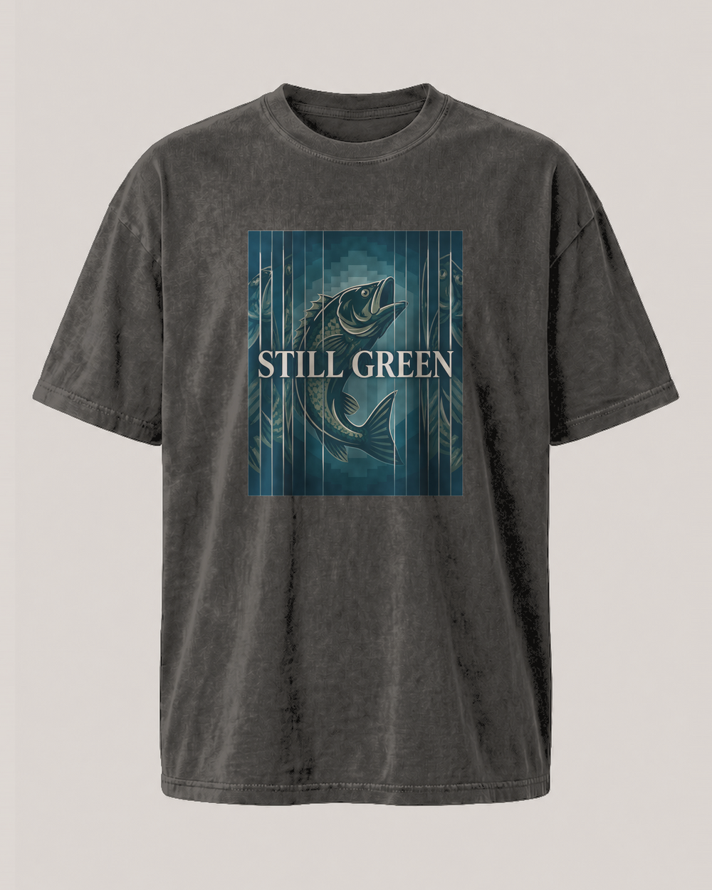 Still Green washed tee — washed black, front