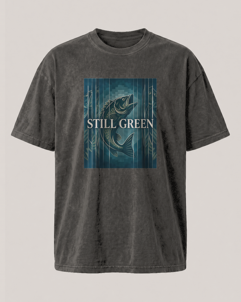 Still Green washed tee — washed black, front