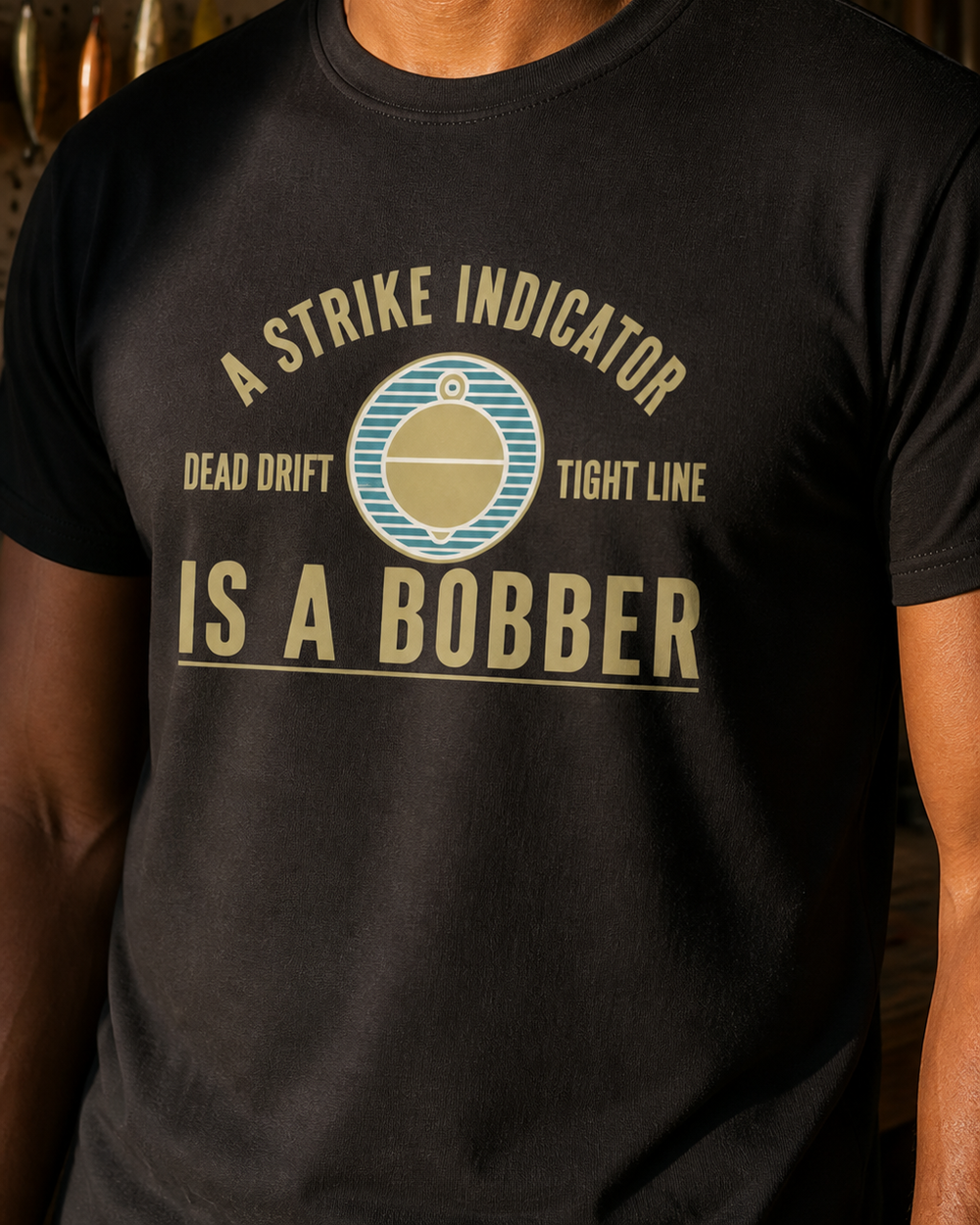 A Strike Indicator Is A Bobber tee — black, worn, side