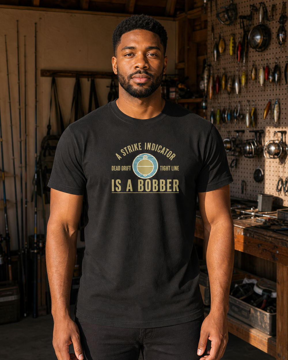 A Strike Indicator Is A Bobber tee — black, worn, front