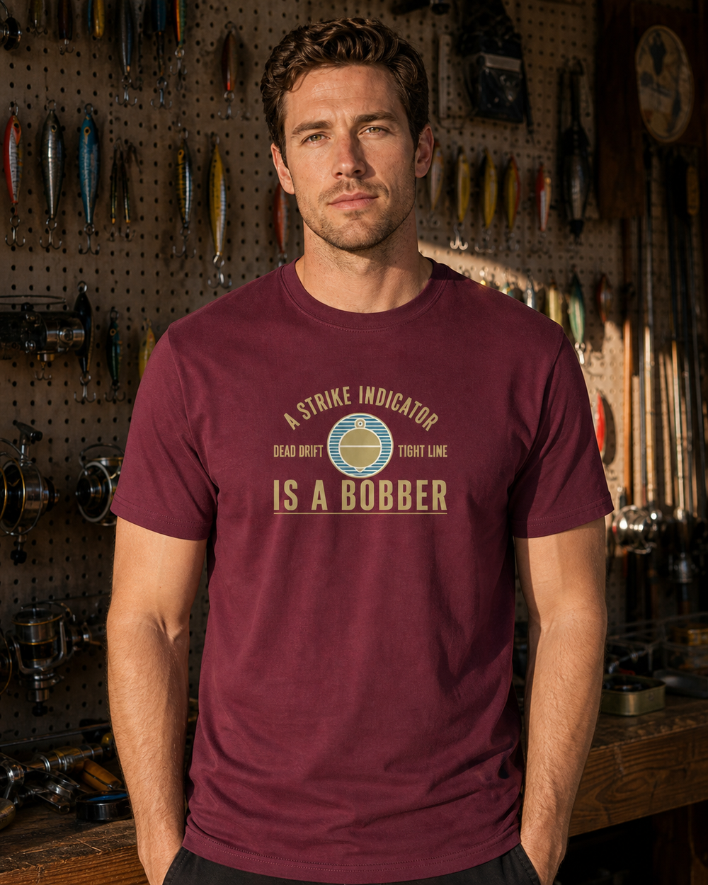 A Strike Indicator Is A Bobber tee — maroon, worn, front