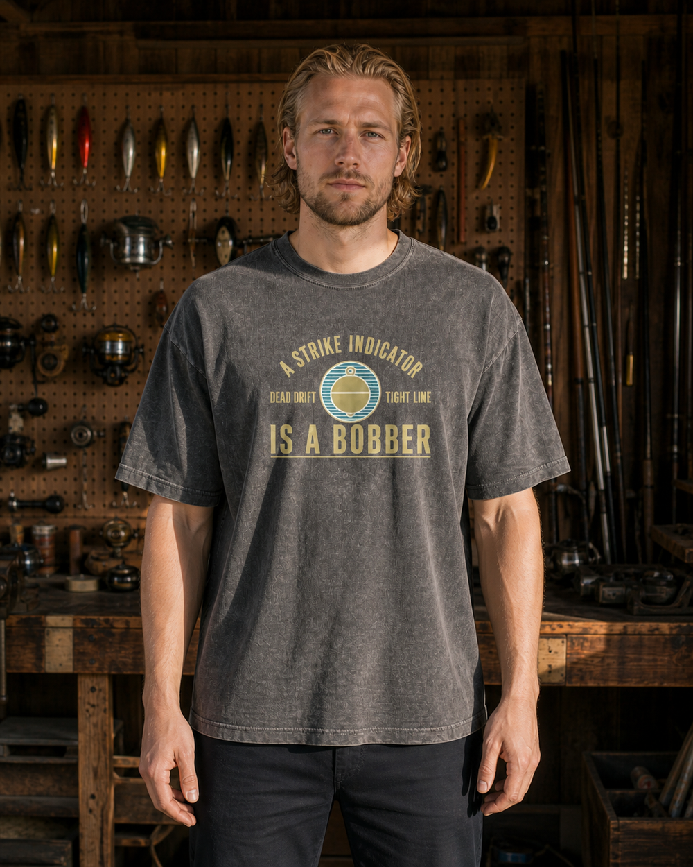 A Strike Indicator Is A Bobber washed tee — washed black, worn, front