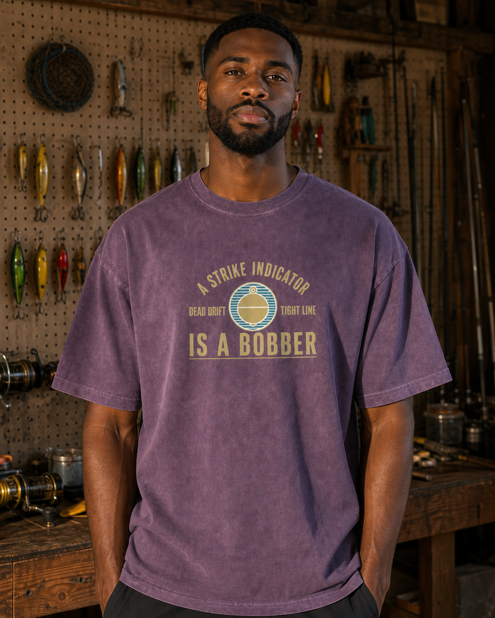 A Strike Indicator Is A Bobber washed tee — washed violet, worn, front
