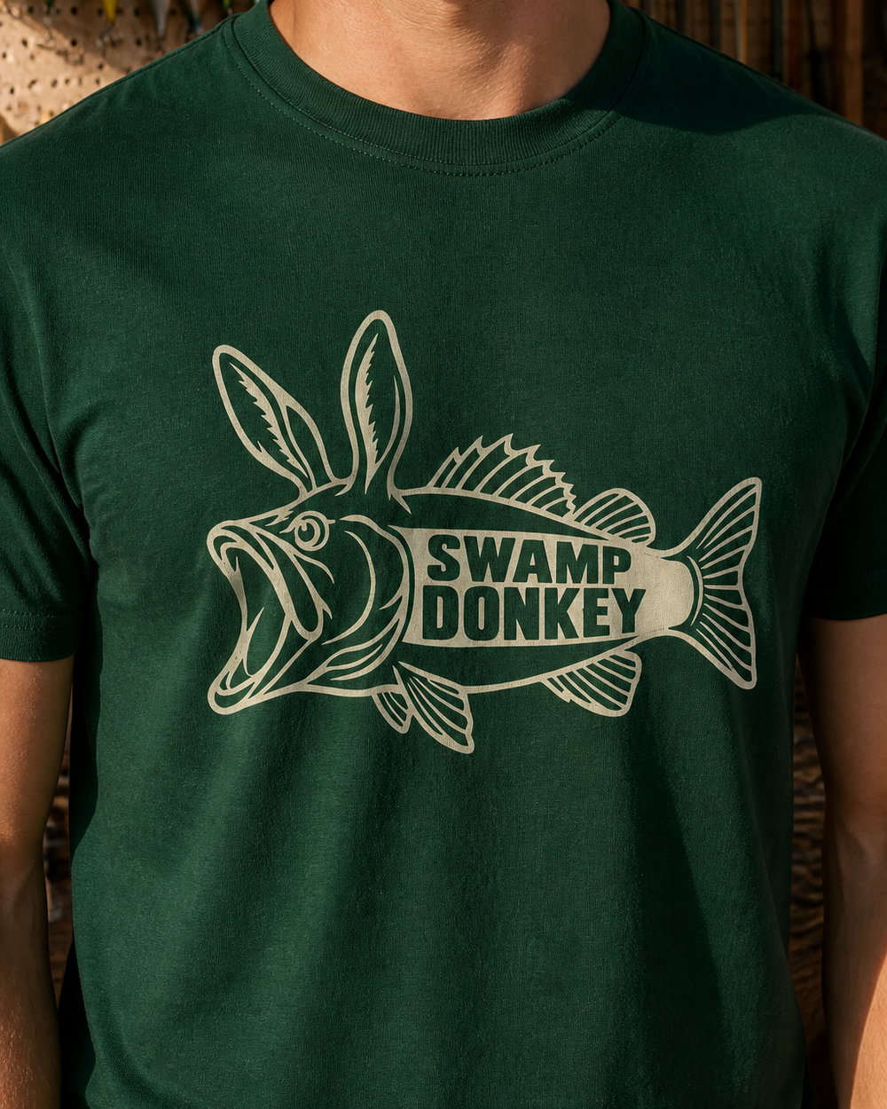 Swamp Donkey tee — forest, worn, side