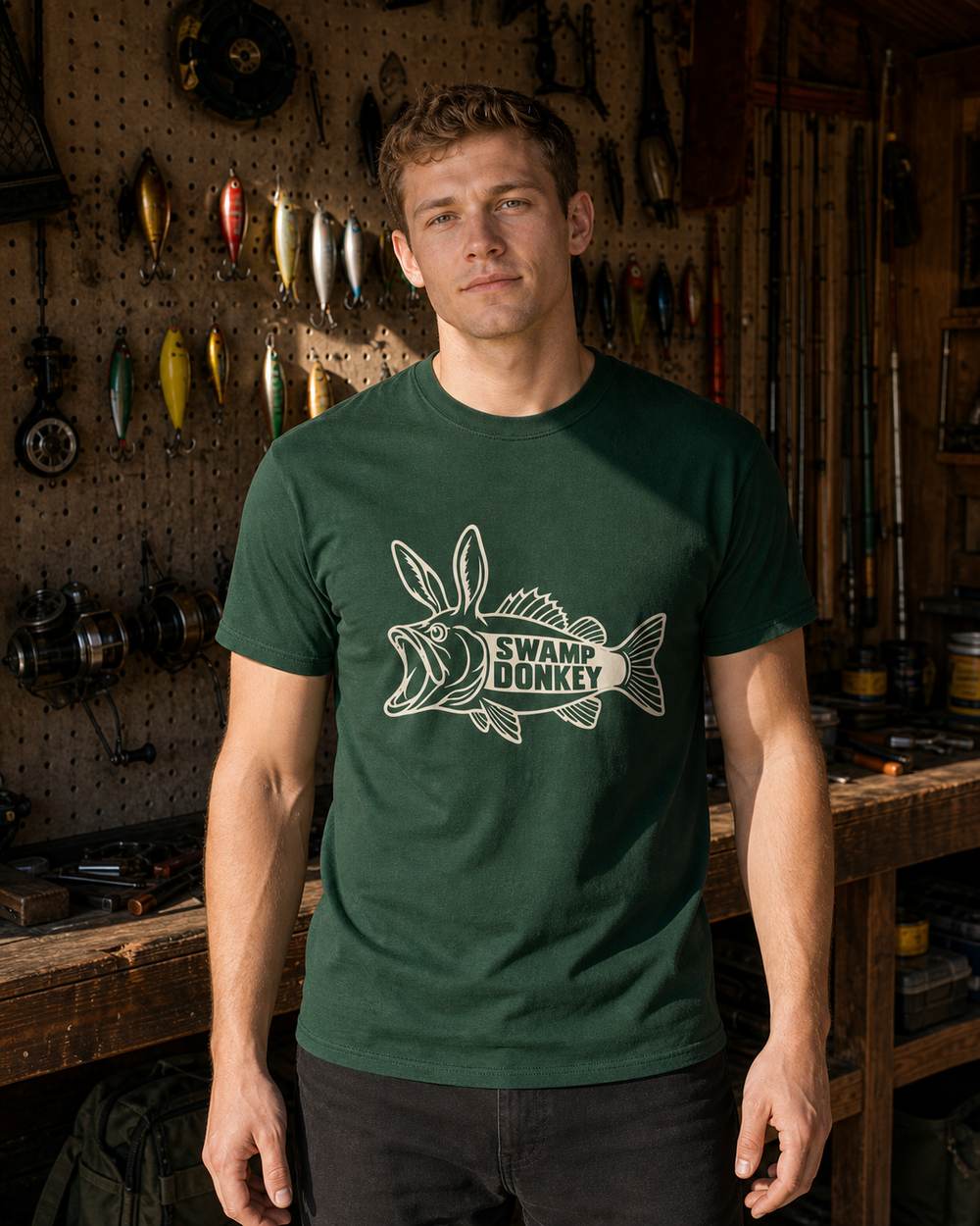 Swamp Donkey tee — forest, worn, front