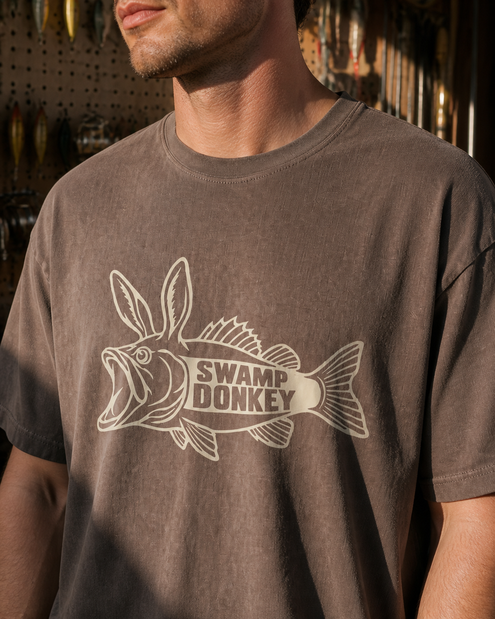 Swamp Donkey washed tee — washed coffee, worn, side