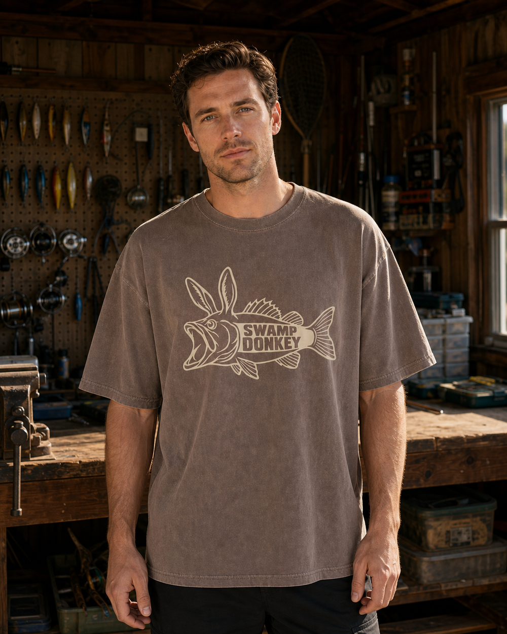 Swamp Donkey washed tee — washed coffee, worn, front