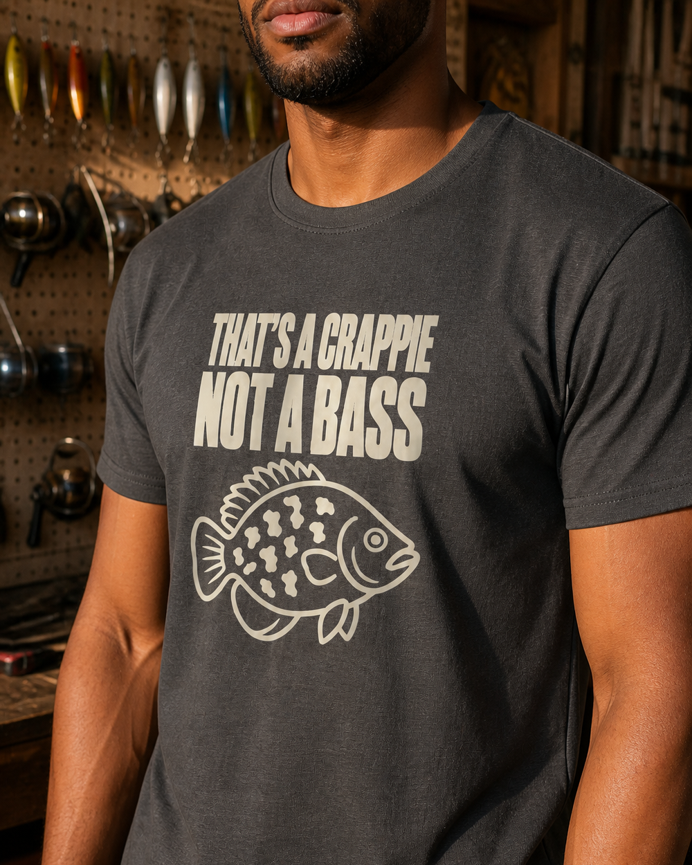 That's a Crappie, Not a Bass tee — charcoal, worn, side
