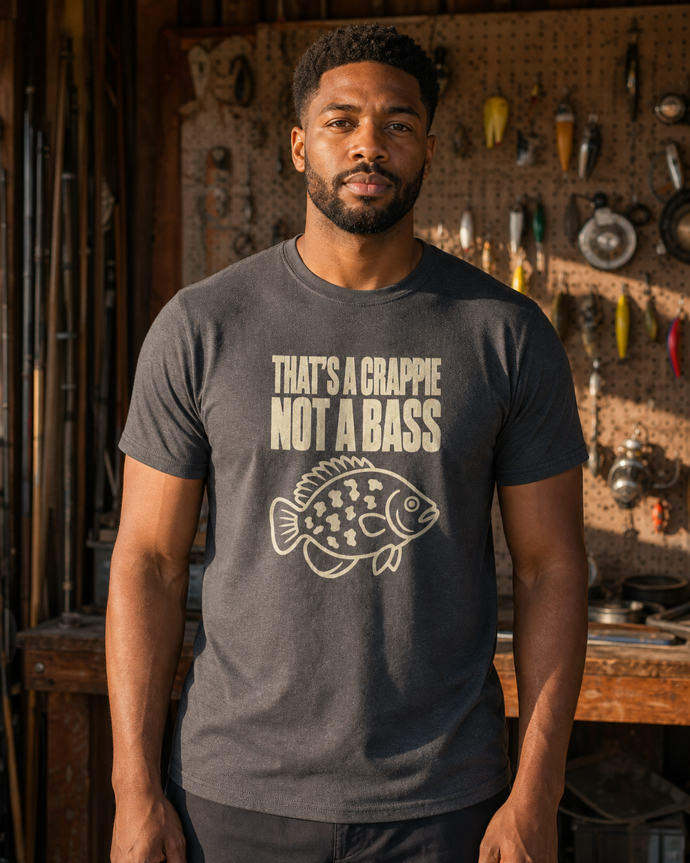 That's a Crappie, Not a Bass tee — charcoal, worn, front