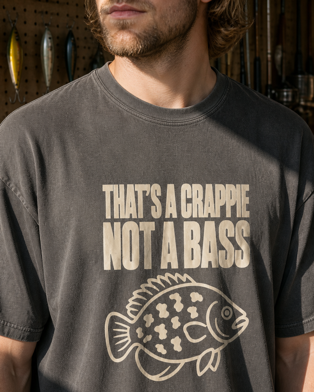 That's a Crappie, Not a Bass washed tee — washed black, worn, side